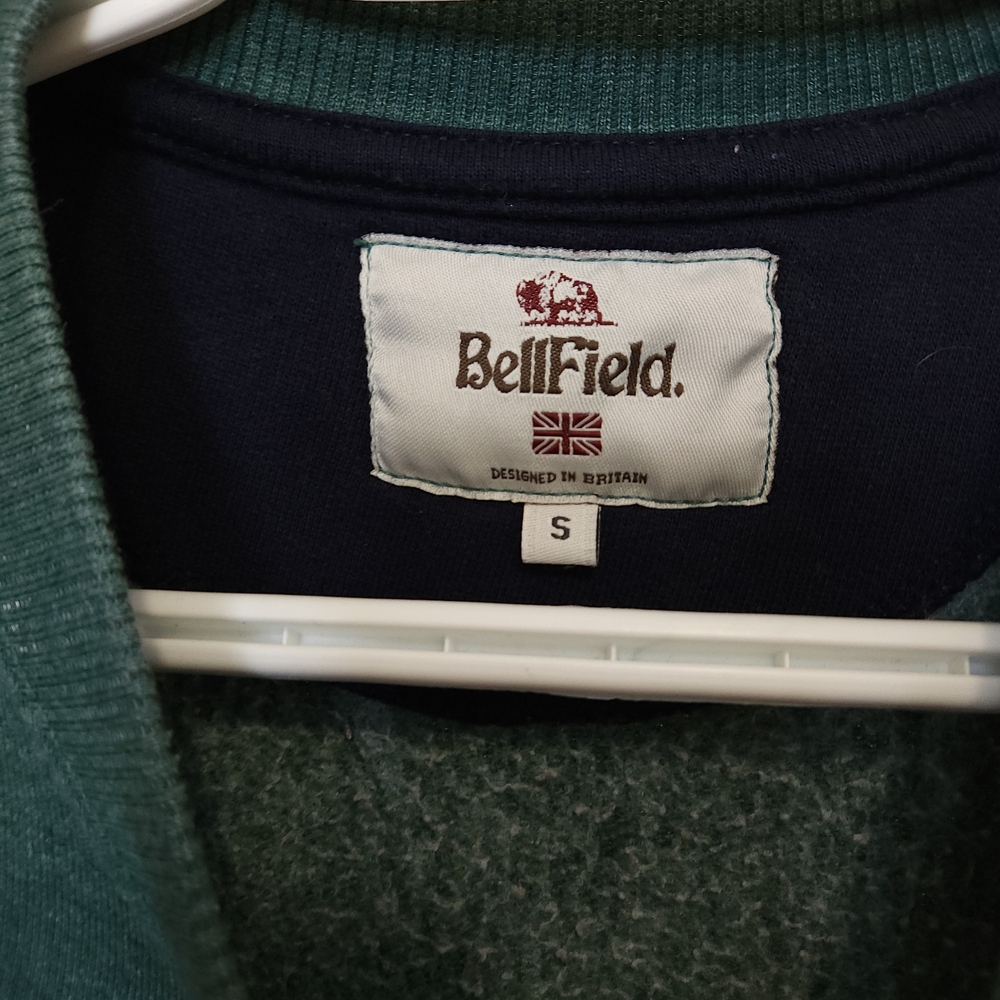 Bellfield Teal and Berry Colorblock Crewneck Sweater with Brown Shoulder Patches - Picture 4 of 4